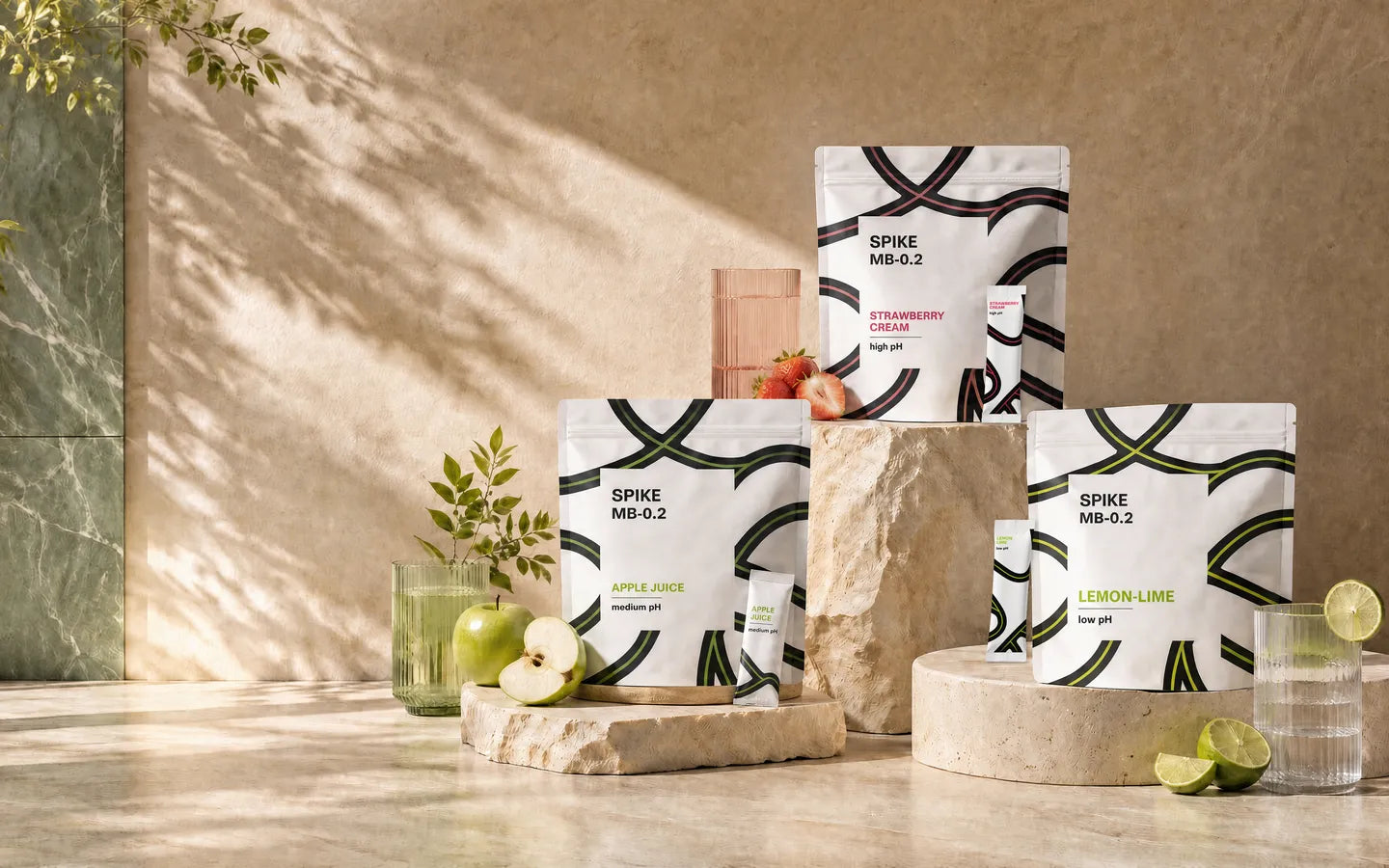 Three MB-0.2 pouches, Apple Juice, Strawberry Cream and Lemon-Lime, with sachets on stone plinths