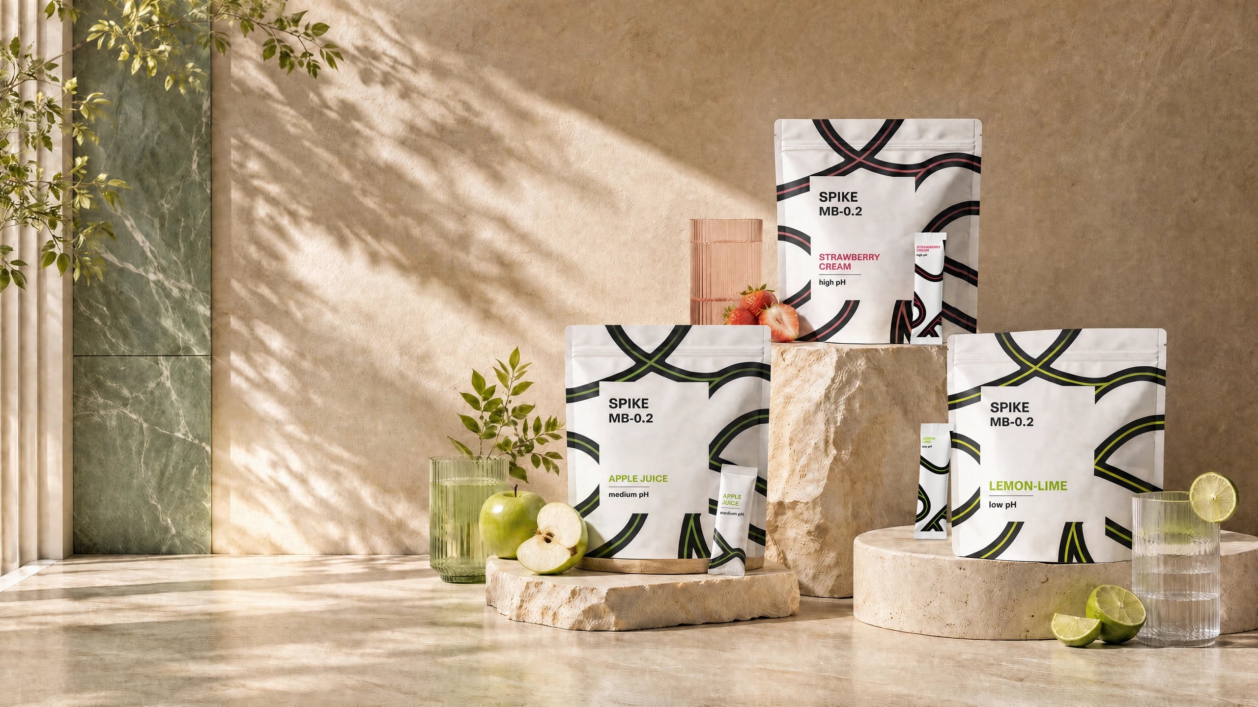 The three MB-0.2 flavours with pouches and sachets